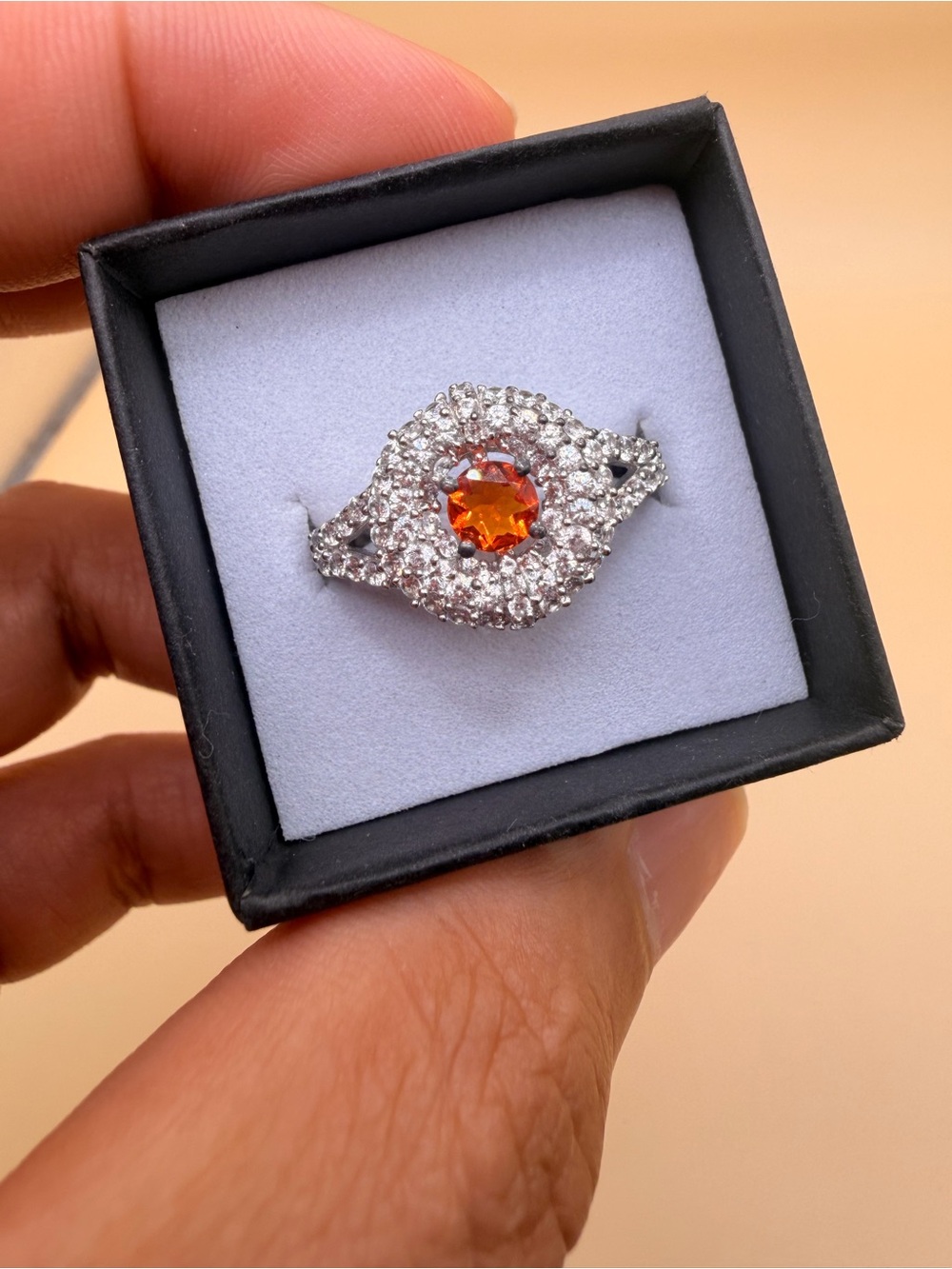 925 Sterling Silver lab Diamond  & Fire Opal Ring Size 10.25